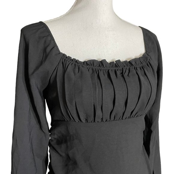 Ruffle Ballon Sleeve Dress NEW M Gathered Bust Milkmaid Gigot Slim Black LBD - Picture 5 of 9